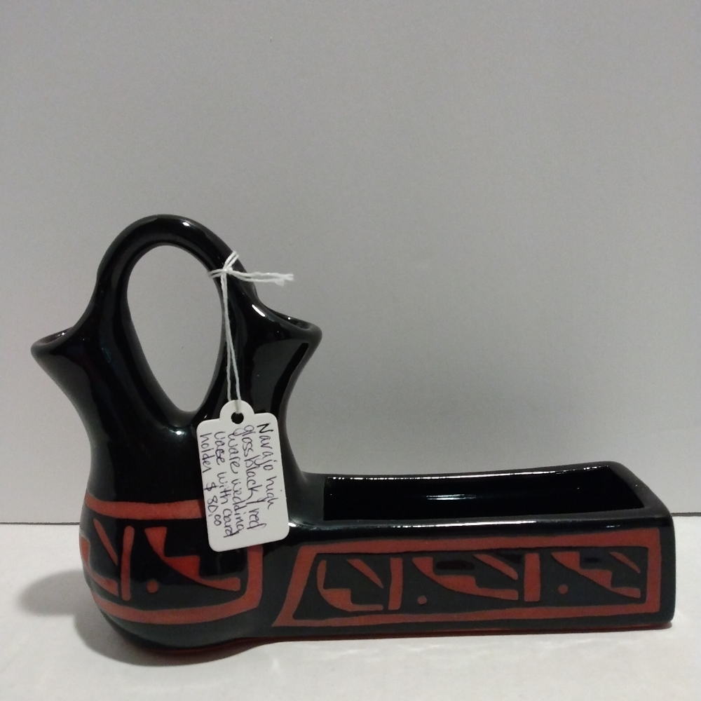 Native American black gloss and red ware wedding vase with side caddy.